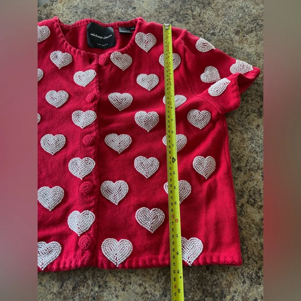 VTG 1999 Michael Simon Red/White Beaded Heart Cardigan,Valentines, Sweetheart, M - Picture 10 of 14